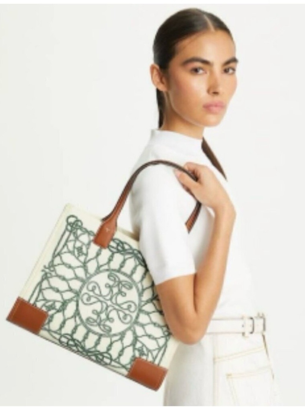 Tory Burch Cream Tote with Green Rope Embroidered Motif and Brown Leather Trim